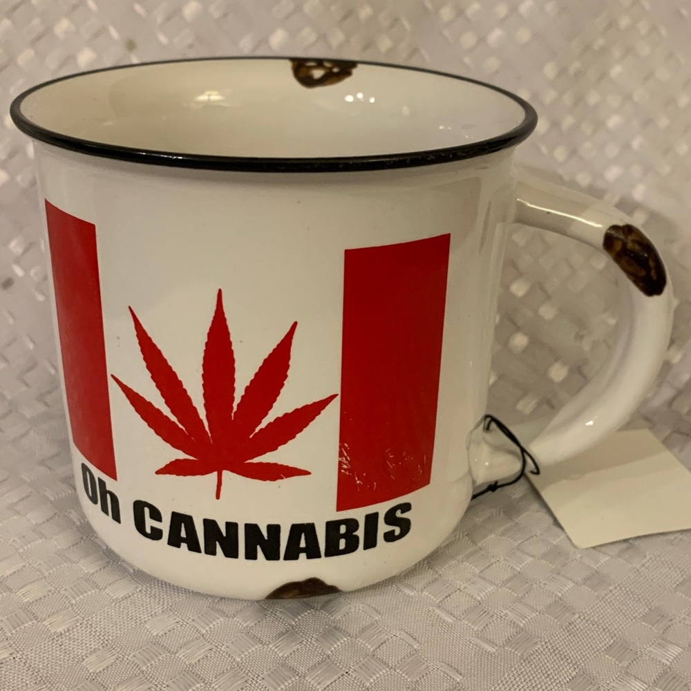 Oh Cannabis white mug, with a mix of Canada flag and cannabis leaf on each side.